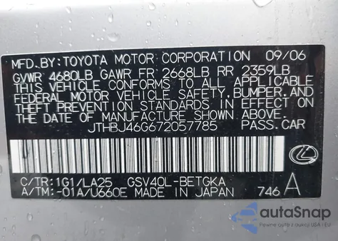 2007 Lexus Es 350 from USA, damaged, VIN JTHBJ46G672057785